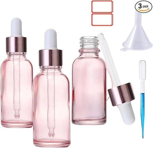 3PCS Dropper Bottle 1 oz Glass Dropper Bottles with Dropper Pipettes Small Sample Dropper Bottles Refillable with Funnels and Labels for Essential Oils, Aromatherapy(30ml Pink)