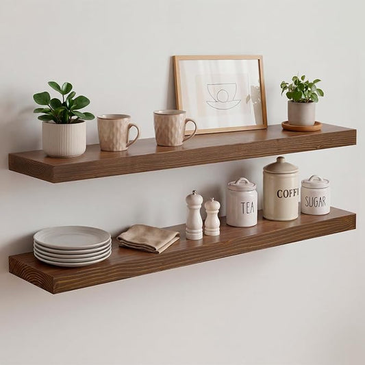 Homeforia Classic Walnut 30 inch Floating Shelf, High End Solid Real Wood Small 30inch Floating Shelves for Wall Mounted, 30in Floating Shelves, Heavy Duty Bracket, 30 X 6.5 X 1.75 inches, Set of 4