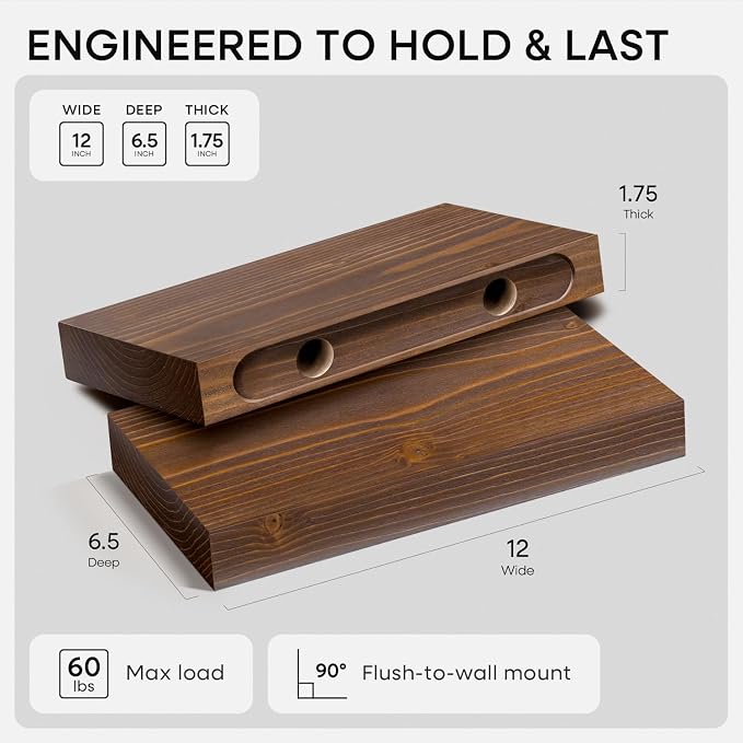 Homeforia Classic Walnut 12 inch Floating Shelf, High End Solid Real Wood Small 12inch Floating Shelves for Wall Mounted, 12in Floating Shelves, Heavy Duty Bracket, 12 X 6.5 X 1.75 inches, Set of 2