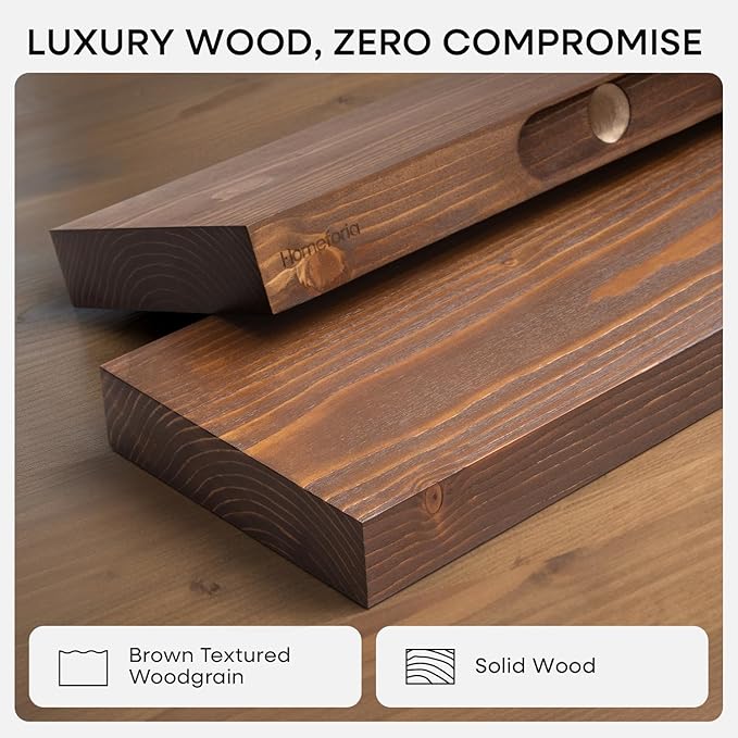 Homeforia Classic Walnut 12 inch Floating Shelf, High End Solid Real Wood Small 12inch Floating Shelves for Wall Mounted, 12in Floating Shelves, Heavy Duty Bracket, 12 X 6.5 X 1.75 inches, Set of 2