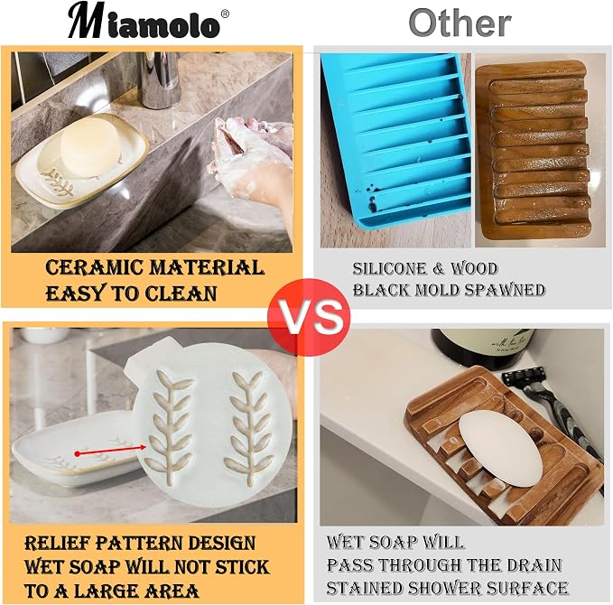Miamolo Ceramic Soap Dish Soap Holder, Soap Lift for Bar Soap Sponge, Shower Soap Dishes for Bathroom Kitchen Counter Soap Saver Tray Keep Dry, Dishwasher Safe