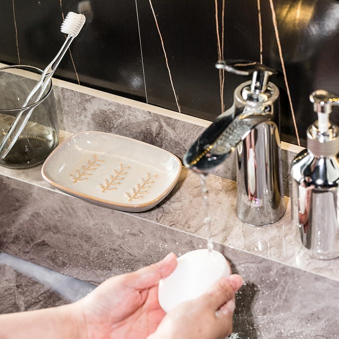 Miamolo Ceramic Soap Dish Soap Holder, Soap Lift for Bar Soap Sponge, Shower Soap Dishes for Bathroom Kitchen Counter Soap Saver Tray Keep Dry, Dishwasher Safe