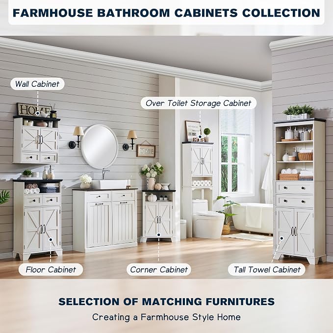 ACCOHOHO Bathroom Wall Cabinet, Farmhouse 24" Wide Medicine Cabinet with Drawer, Adjustable Shelf, Double Barn Doors, Storage Cabinets for Bathroom, Kitchen, Living Room, Off White